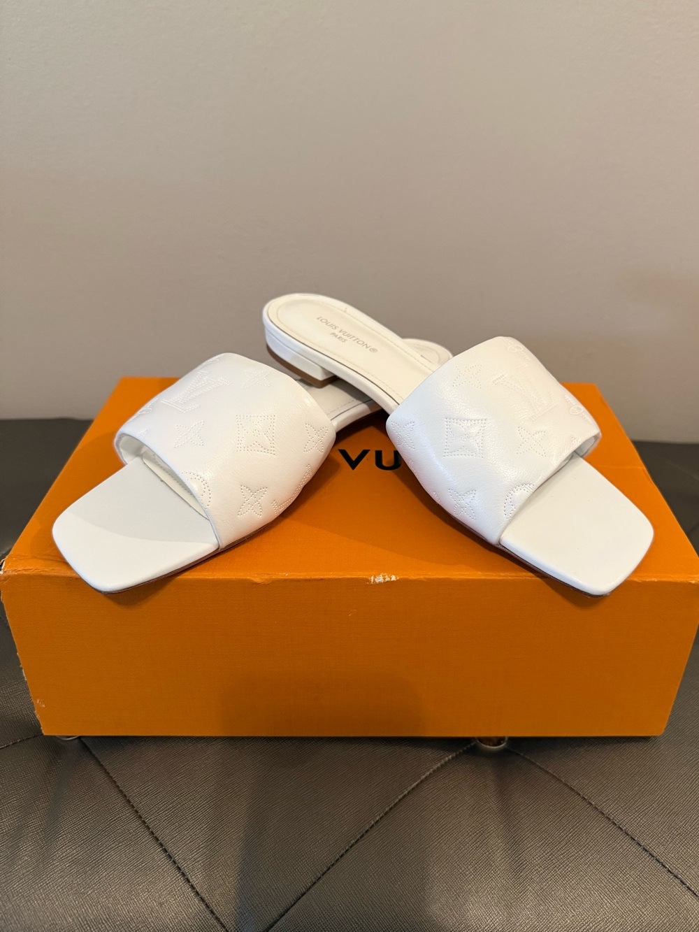 LV White Leather Slide Mules